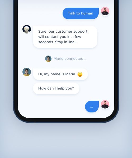 Chatbot conversation handed over to a human agent after the user taps “Talk to human”