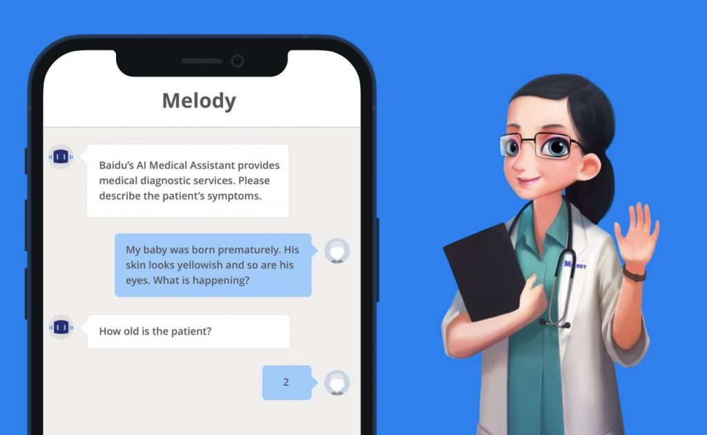 A phone screen titled Melody, in which Baidu's AI Medical Assistant offers medical diagnostic services and asks the user to describe the patient's symptoms; the user replies that their baby was born prematurely with yellowish skin and eyes, and the assistant asks how old the patient is. An illustrated doctor in a white coat stands beside the phone