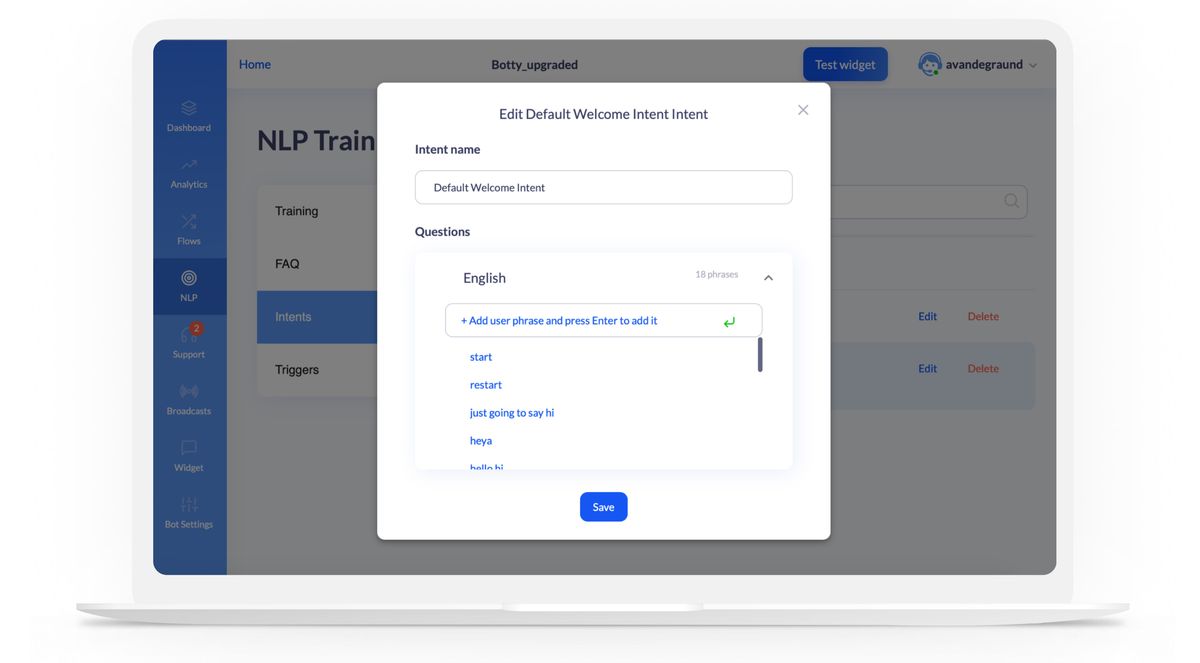 The BotsCrew platform's Intents screen with an “Edit Default Welcome Intent Intent” dialog open: an Intent name field reading Default Welcome Intent, and a Questions panel listing the English phrases already trained — start, restart, just going to say hi, heya, hello hi — with an “Add user phrase and press Enter to add it” field and a Save button