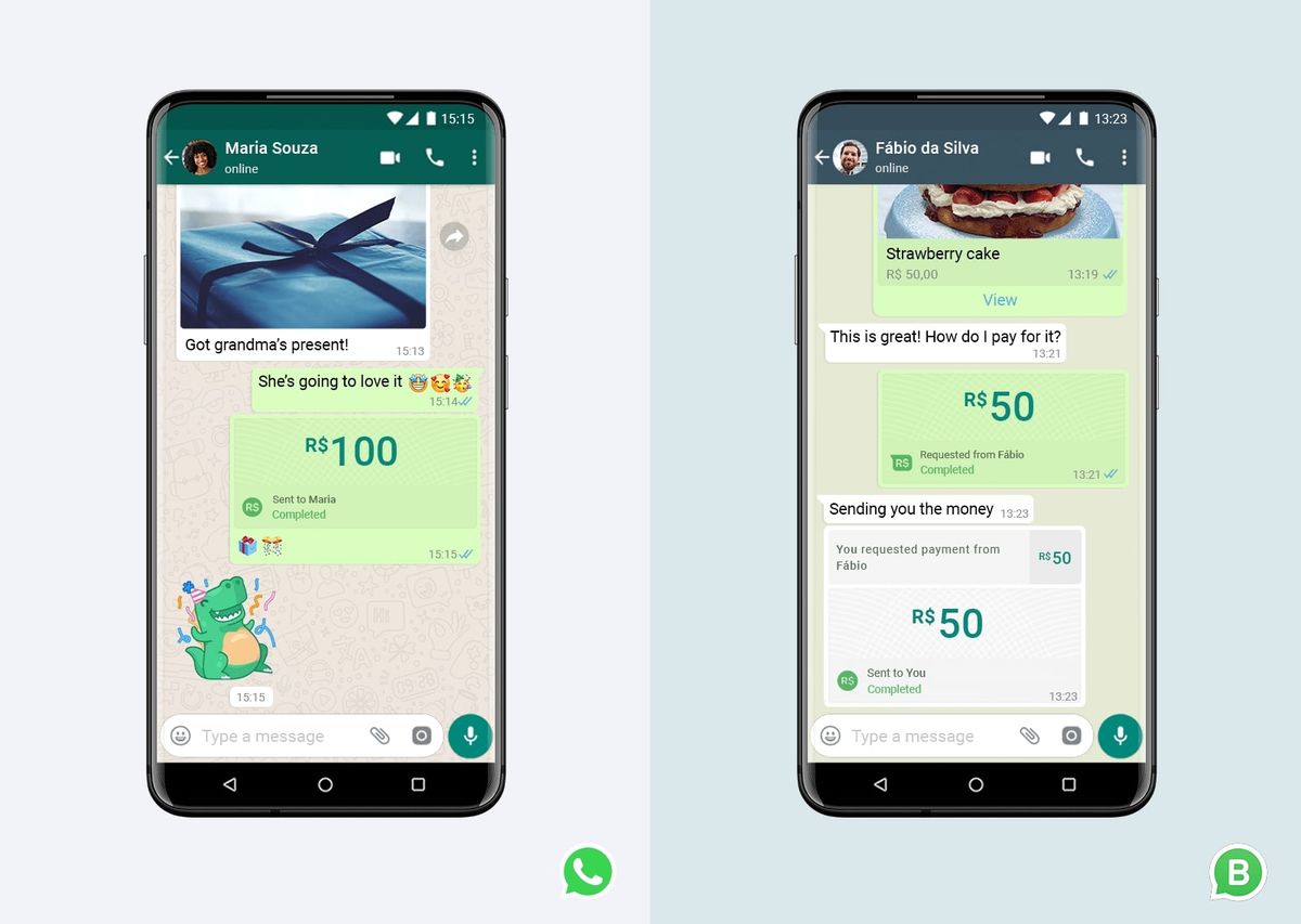 Two WhatsApp chats showing payments in Brazilian reais: R$100 sent to Maria with a gift photo, and a R$50 payment requested from and then sent by Fábio for a strawberry cake