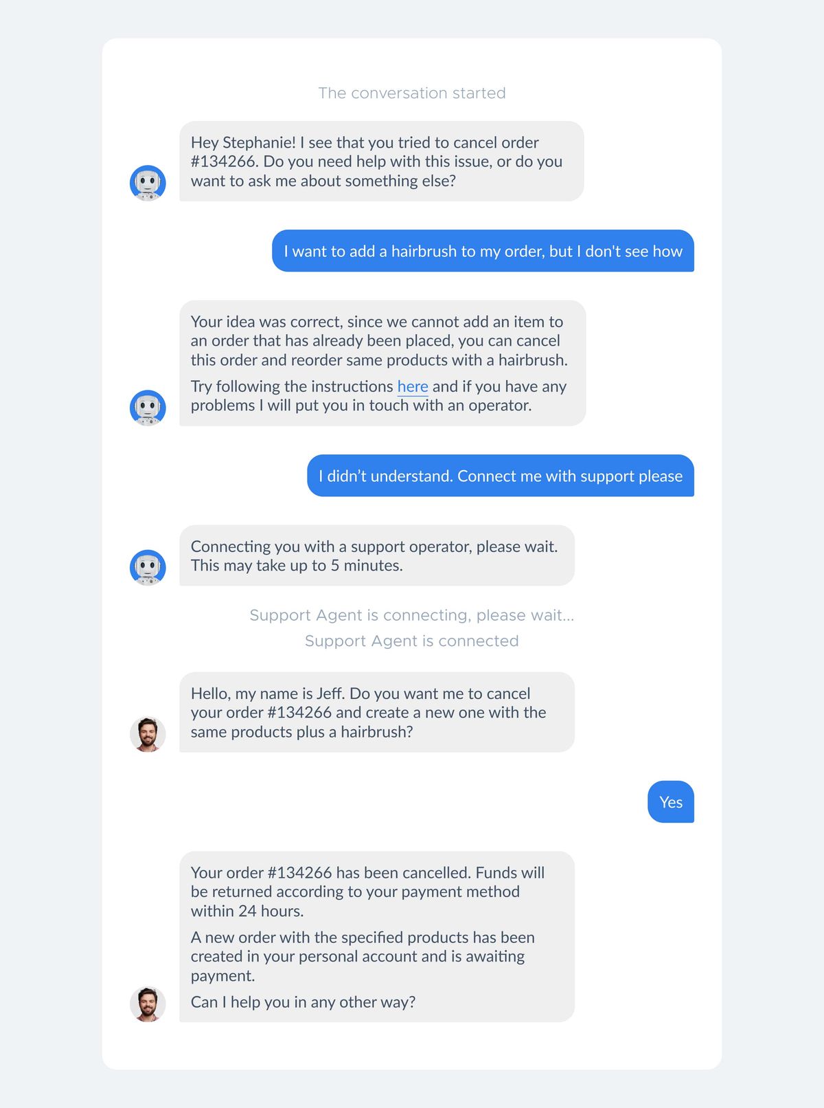 Website chat mockup: a bot tells Stephanie she must cancel and reorder to add a hairbrush, and when she asks for help it hands the conversation to a human agent, Jeff, who cancels order #134266 and creates a replacement