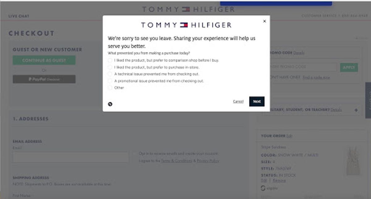 Tommy Hilfiger checkout page with an exit-intent modal: “We're sorry to see you leave. Sharing your experience will help us serve you better.” over four radio options for what prevented the purchase
