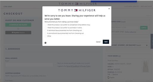 Tommy Hilfiger checkout page with an exit-intent modal: “We're sorry to see you leave. Sharing your experience will help us serve you better.” over four radio options for what prevented the purchase