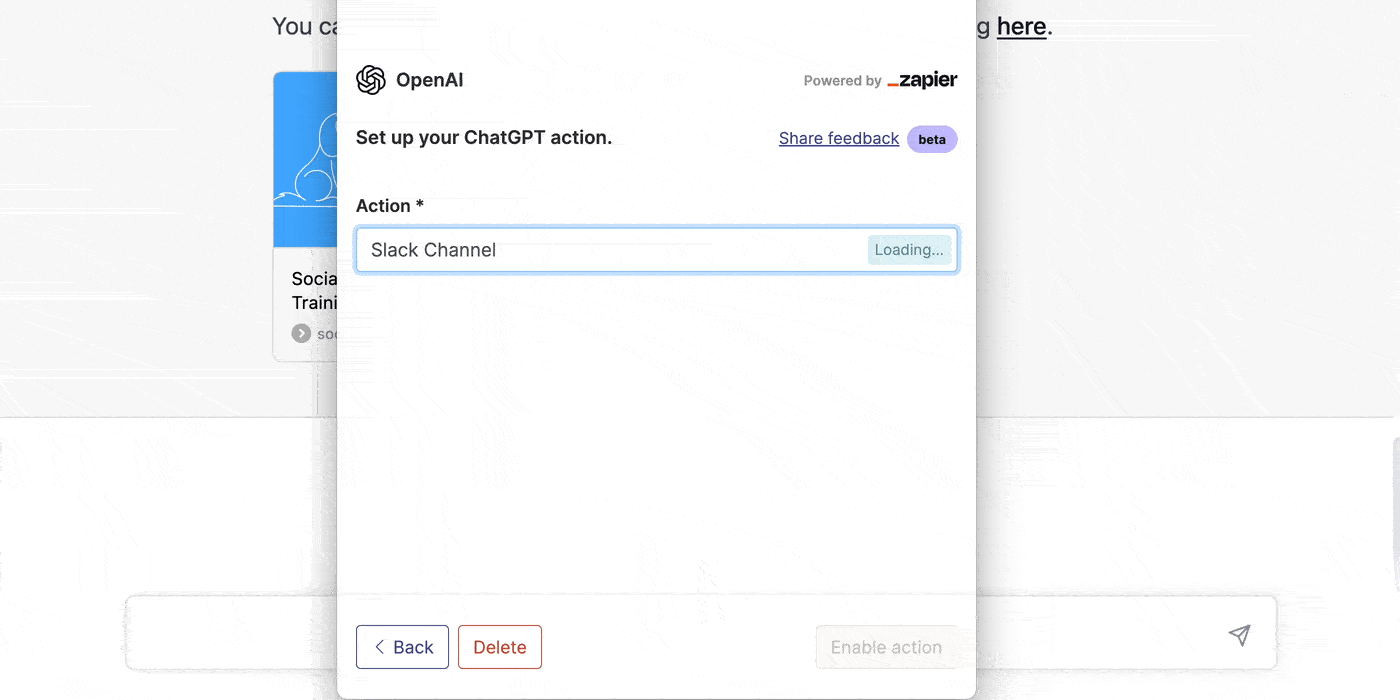 An animation of the OpenAI and Zapier “Set up your ChatGPT action” dialog, with a Slack Channel action being chosen and confirmed before it runs.