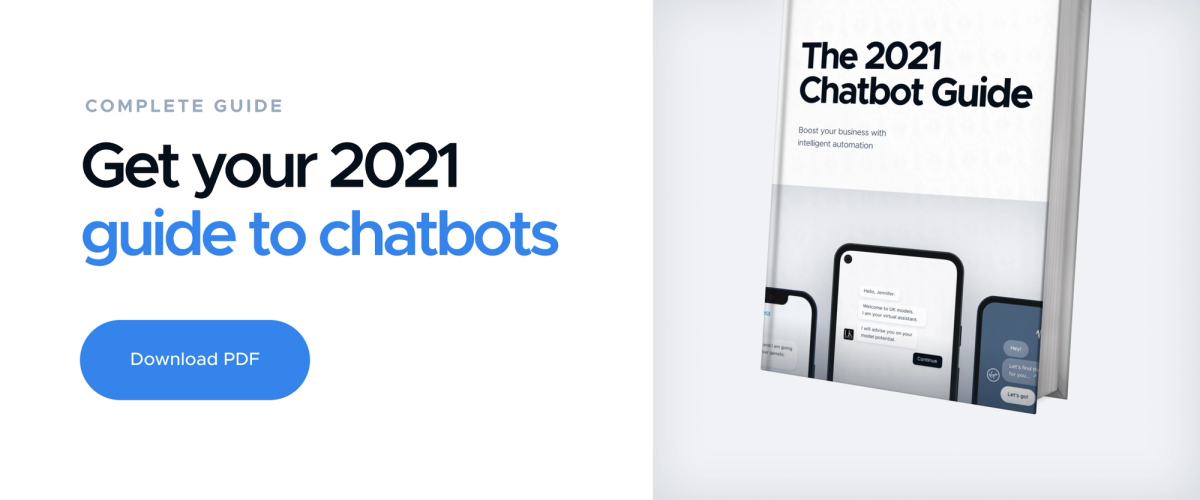 Banner reading "COMPLETE GUIDE - Get your 2021 guide to chatbots" beside a cover mockup of "The 2021 Chatbot Guide", with a blue "Download PDF" button