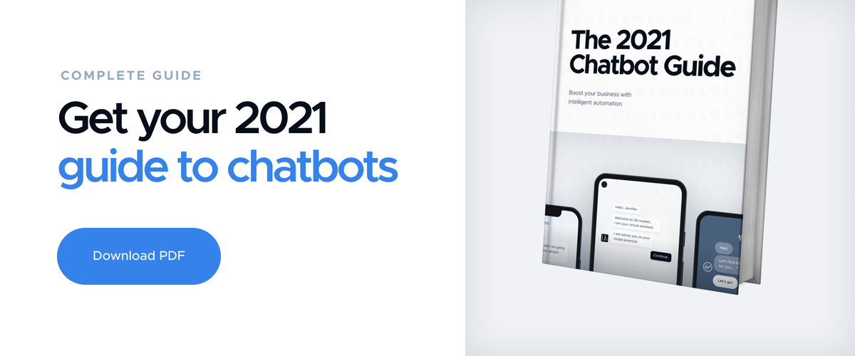 Banner reading "COMPLETE GUIDE - Get your 2021 guide to chatbots" beside a cover mockup of "The 2021 Chatbot Guide", with a blue "Download PDF" button