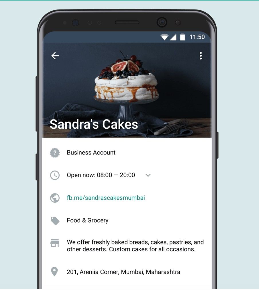 WhatsApp Business profile for Sandra's Cakes on an Android phone: a cake cover photo, the Business Account badge, opening hours 08:00-20:00, a website link, the Food & Grocery category, a bakery description and a Mumbai address