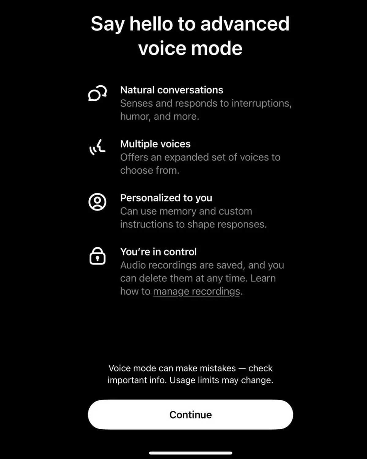 ChatGPT's "Say hello to advanced voice mode" screen listing natural conversations that sense interruptions and humor, multiple voices to choose from, personalisation through memory and custom instructions, and user control over saved audio recordings