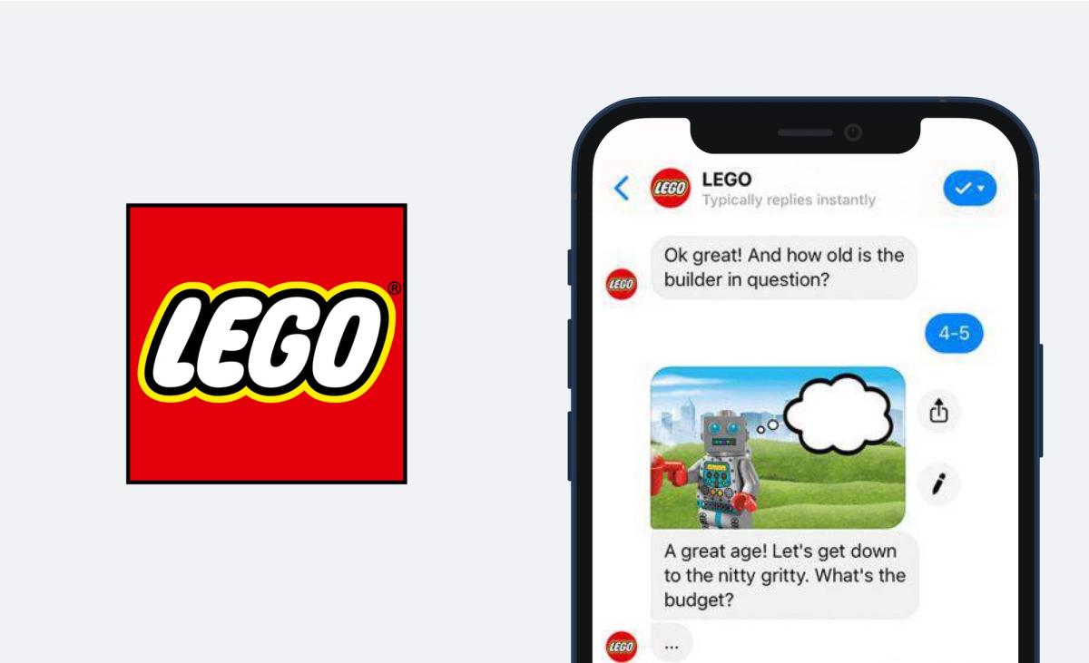 The LEGO logo beside a phone mockup of a Messenger conversation with the LEGO bot Ralph, which asks how old the builder is, receives '4-5', sends a LEGO robot image and asks about the budget