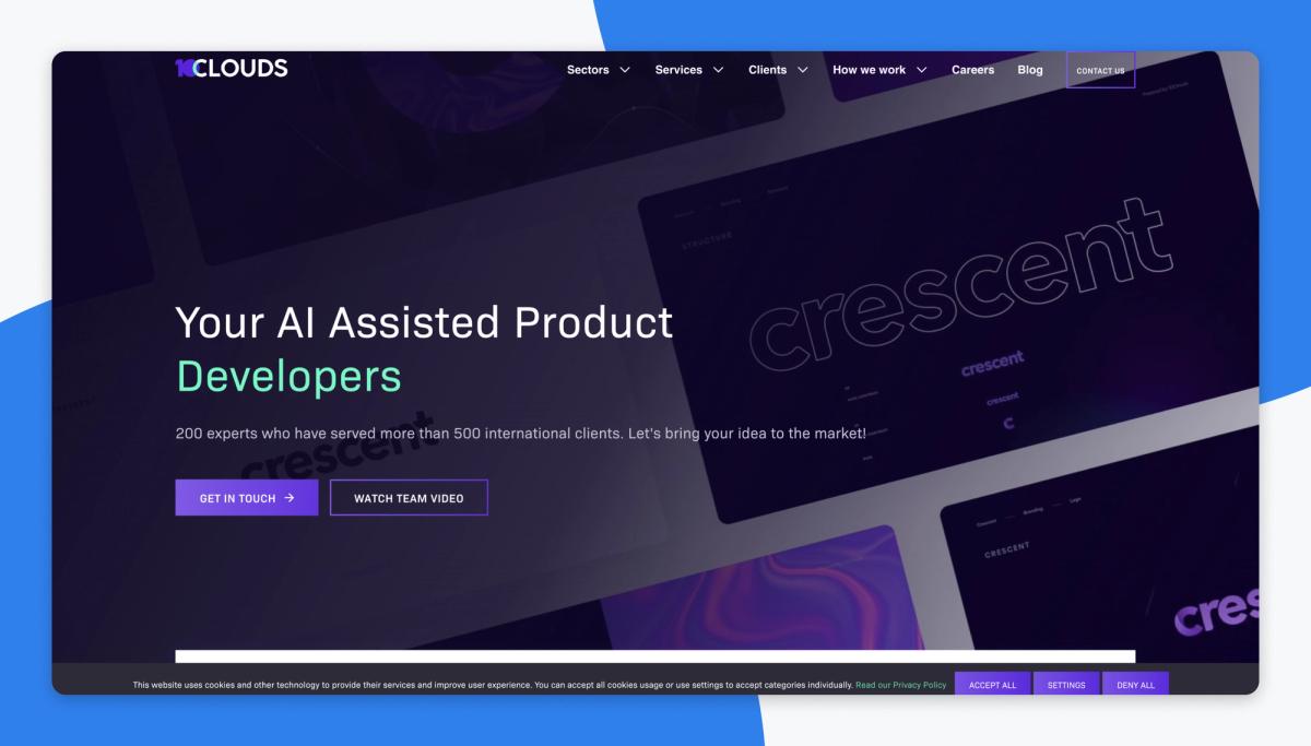 The 10Clouds home page in a browser window, a dark hero headlined 'Your AI Assisted Product Developers' over a purple 'crescent' case-study graphic, with 'Get in touch' and 'Watch team video' buttons