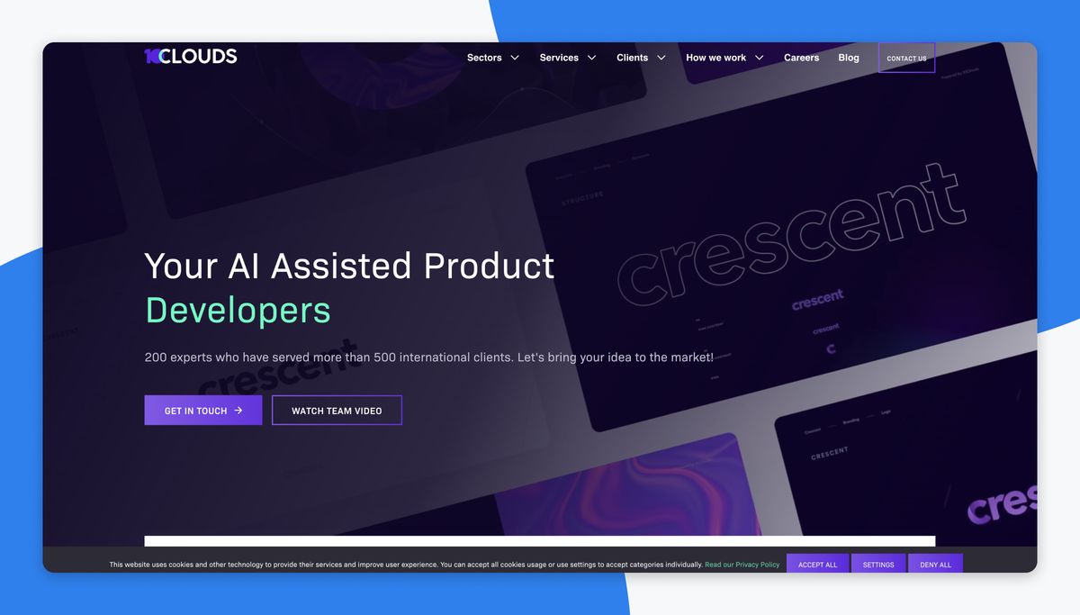 The 10Clouds home page in a browser window, a dark hero headlined 'Your AI Assisted Product Developers' over a purple 'crescent' case-study graphic, with 'Get in touch' and 'Watch team video' buttons