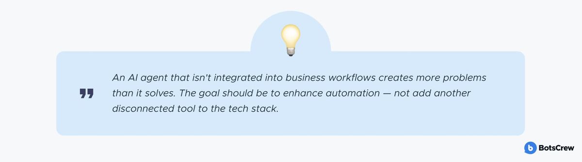 Pull-quote card with a lightbulb icon: "An AI agent that isn't integrated into business workflows creates more problems than it solves. The goal should be to enhance automation — not add another disconnected tool to the tech stack."