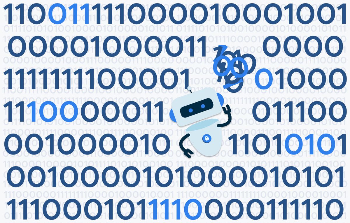 A small robot with a padlock badge on its chest standing in front of a wall of large binary digits.