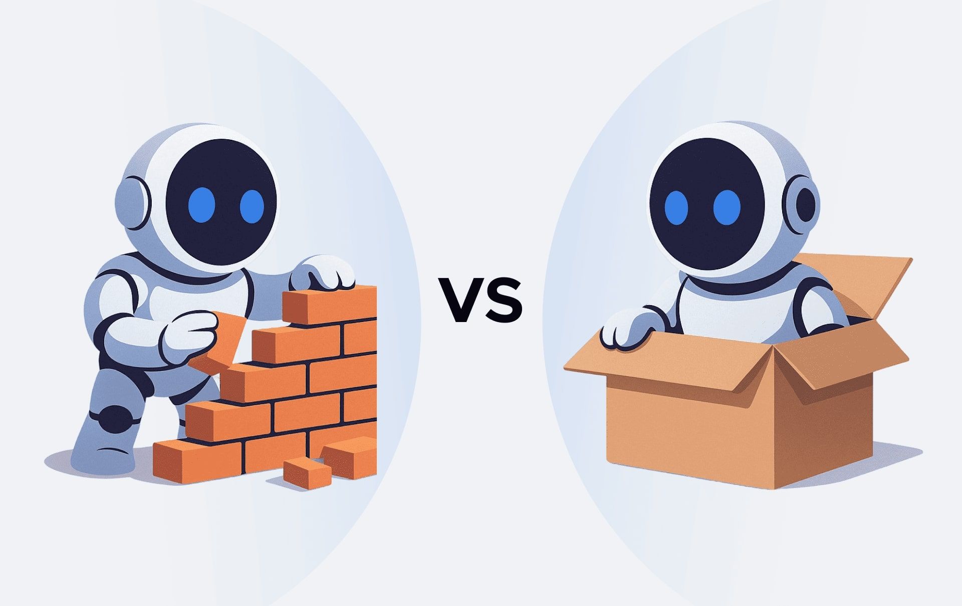 Two robots either side of the word VS: one laying a brick wall by hand, the other sitting in an open cardboard box