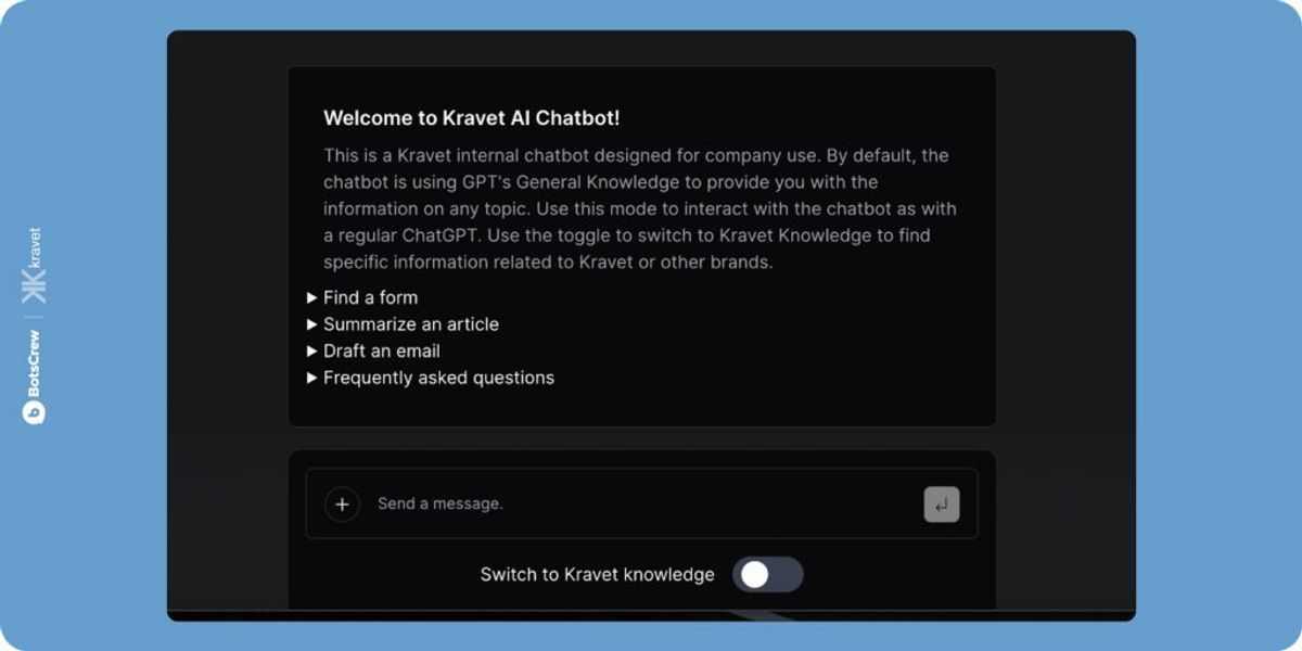 The Kravet AI Chatbot welcome screen, explaining that the internal chatbot uses GPT's general knowledge by default, listing Find a form, Summarize an article, Draft an email and Frequently asked questions, and offering a Switch to Kravet knowledge toggle