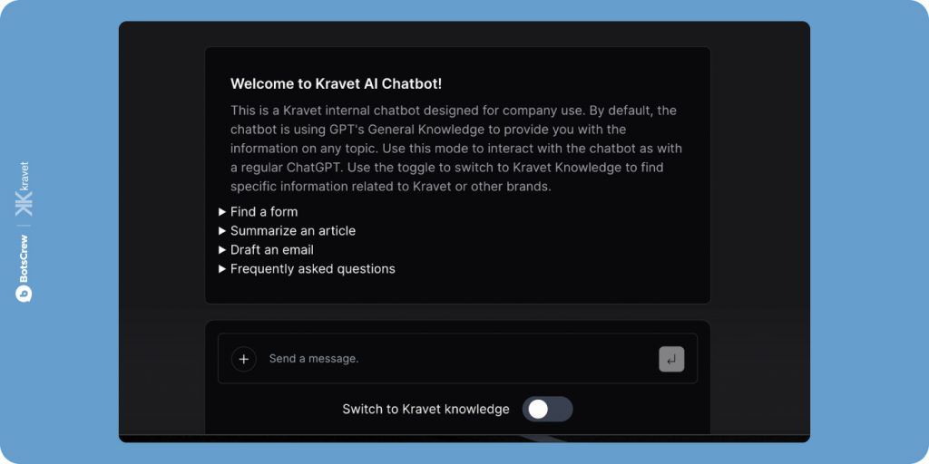 The Kravet AI Chatbot welcome screen, explaining that the internal chatbot uses GPT's general knowledge by default, listing Find a form, Summarize an article, Draft an email and Frequently asked questions, and offering a Switch to Kravet knowledge toggle