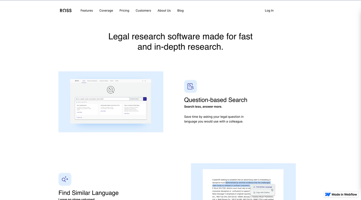 ROSS Intelligence's marketing site, headlined "Legal research software made for fast and in-depth research", showing its question-based search and find-similar-language features
