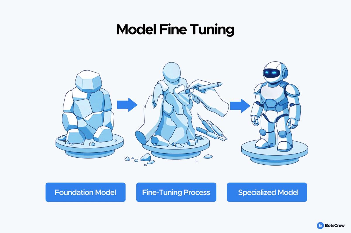 Three-stage strip titled Model Fine Tuning: a rough block figure labelled Foundation Model is sculpted during the Fine-Tuning Process into a finished robot labelled Specialized Model