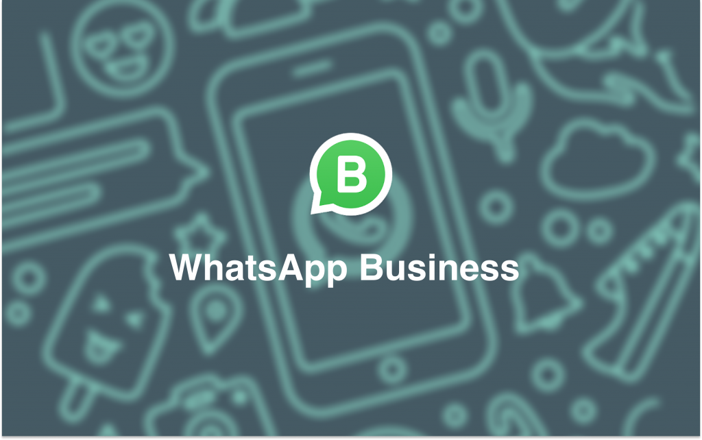 The WhatsApp Business mark - a green speech bubble holding a white B - centred over a dark teal wall of outlined WhatsApp doodle icons, with the words WhatsApp Business beneath it