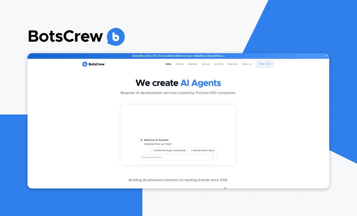The BotsCrew logo above a screenshot of the BotsCrew homepage, headlined 'We create AI Agents' over the line 'Bespoke AI development services trusted by Fortune 500 companies', with its own AI assistant embedded on the page