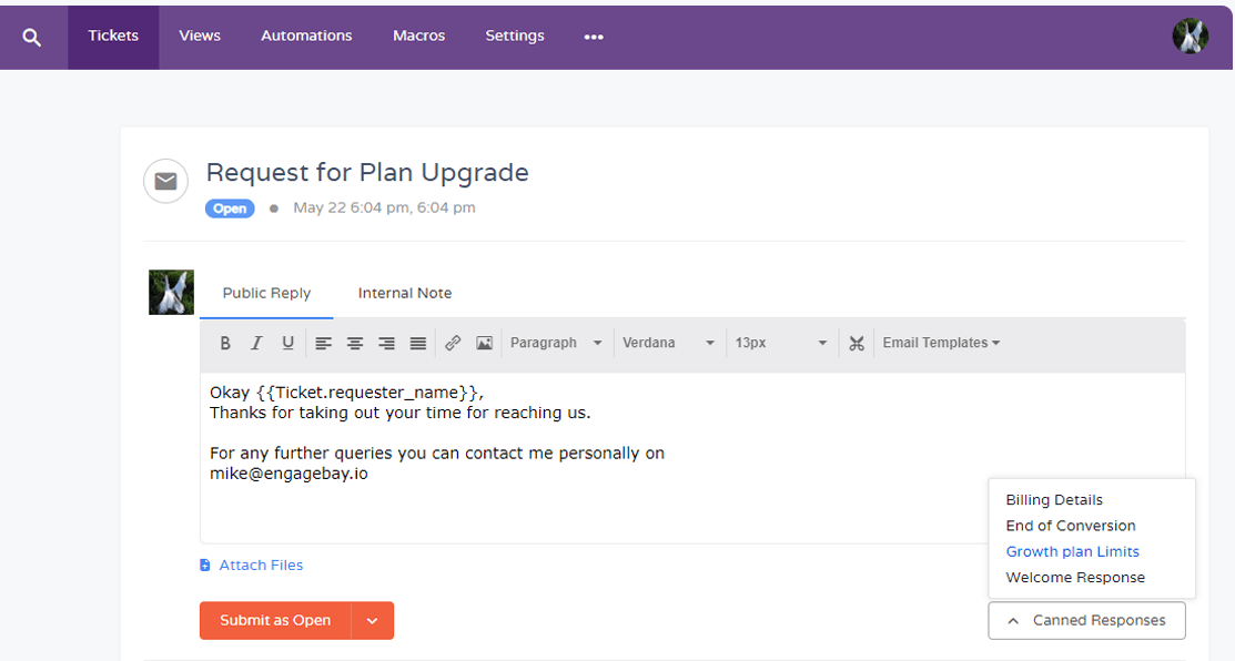 EngageBay ticket view for “Request for Plan Upgrade” with a public reply being composed and a Canned Responses menu open, listing Billing Details, End of Conversion, Growth plan Limits and Welcome Response