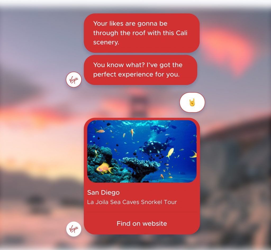 The Virgin Holidays Cali bot in a red-branded chat over a California sunset: “Your likes are gonna be through the roof with this Cali scenery.” followed by a San Diego “La Joila Sea Caves Snorkel Tour” card with a “Find on website” button