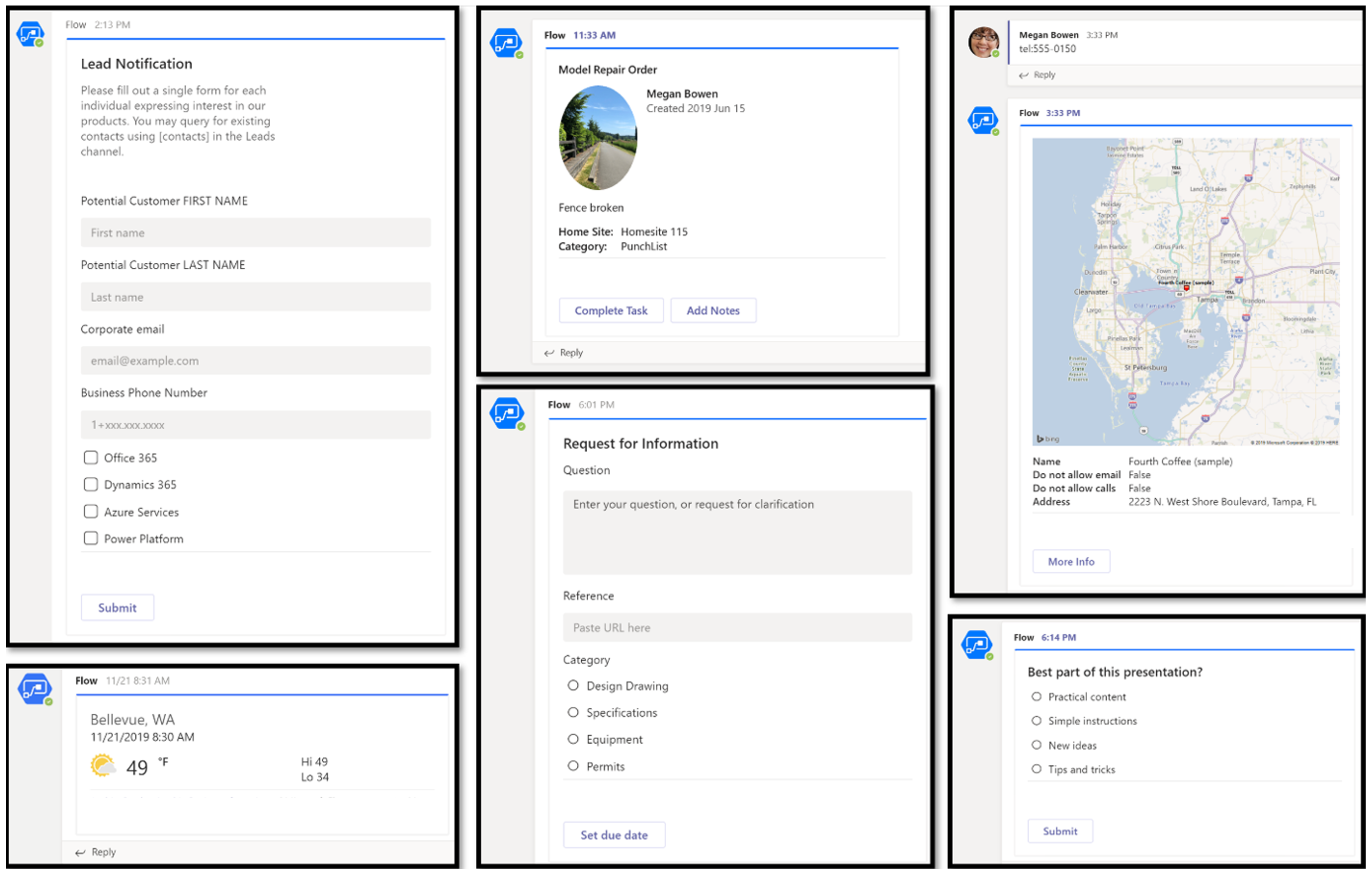 Six Microsoft Teams card examples posted by a Flow bot: a Lead Notification form with first name, last name, corporate email and business phone fields plus Office 365, Dynamics 365, Azure Services and Power Platform checkboxes and a Submit button; a Bellevue, WA weather card reading 49 degrees Fahrenheit, high 49 low 34; a Model Repair Order card from Megan Bowen with a photograph of a broken fence, Home Site 115, category PunchList and Complete Task and Add Notes buttons; a Request for Information card with a question box, a reference URL field, Design Drawing, Specifications, Equipment and Permits radio options and a Set due date button; a contact card for Fourth Coffee showing a Bing map of Tampa, Florida with a More Info button; and a poll card asking Best part of this presentation? with Practical content, Simple instructions, New ideas and Tips and tricks options over a Submit button
