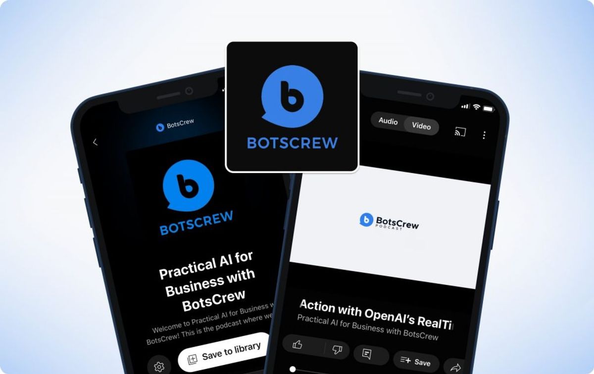Practical AI for Business with BotsCrew cover art beside the show open in a podcast app on two phones