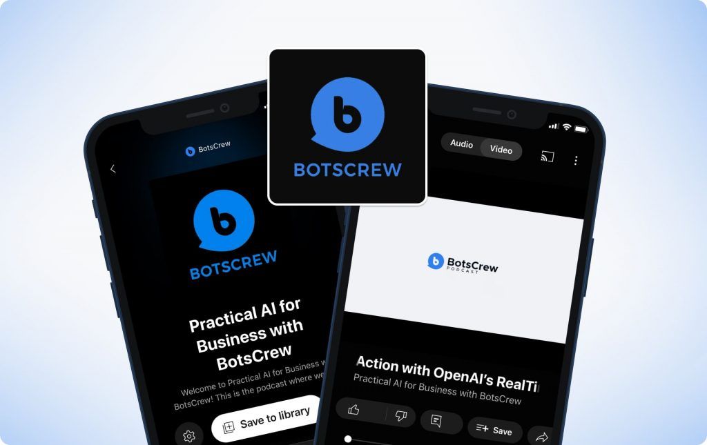 Practical AI for Business with BotsCrew cover art beside the show open in a podcast app on two phones
