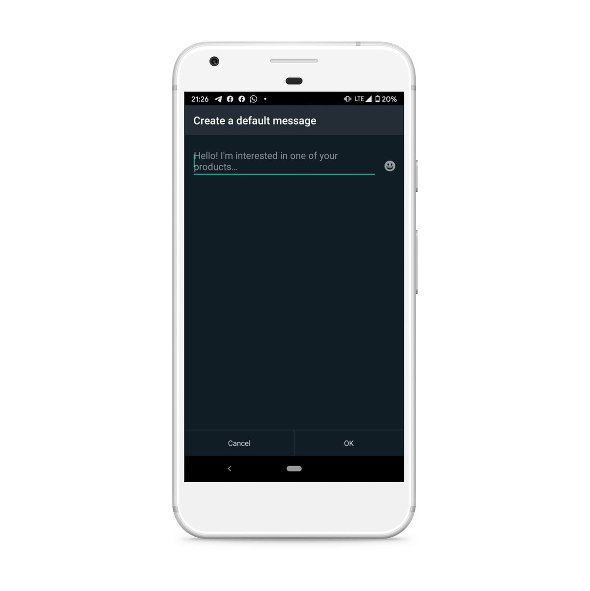 The WhatsApp Business "Create a default message" screen with the placeholder text "Hello! I'm interested in one of your products..." in the input