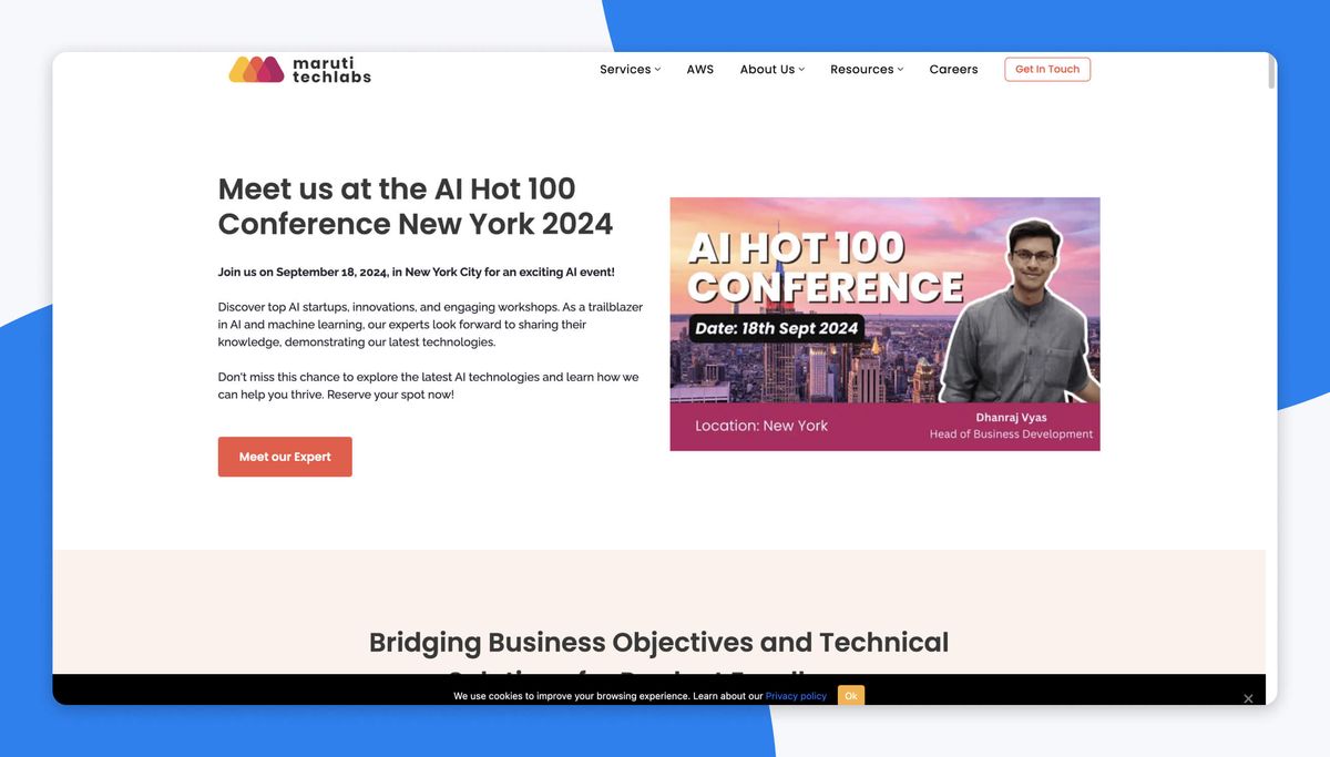 The Maruti Techlabs home page in a browser window, promoting a talk at the AI Hot 100 Conference New York 2024 beside a pink speaker card, over the line 'Bridging Business Objectives and Technical'