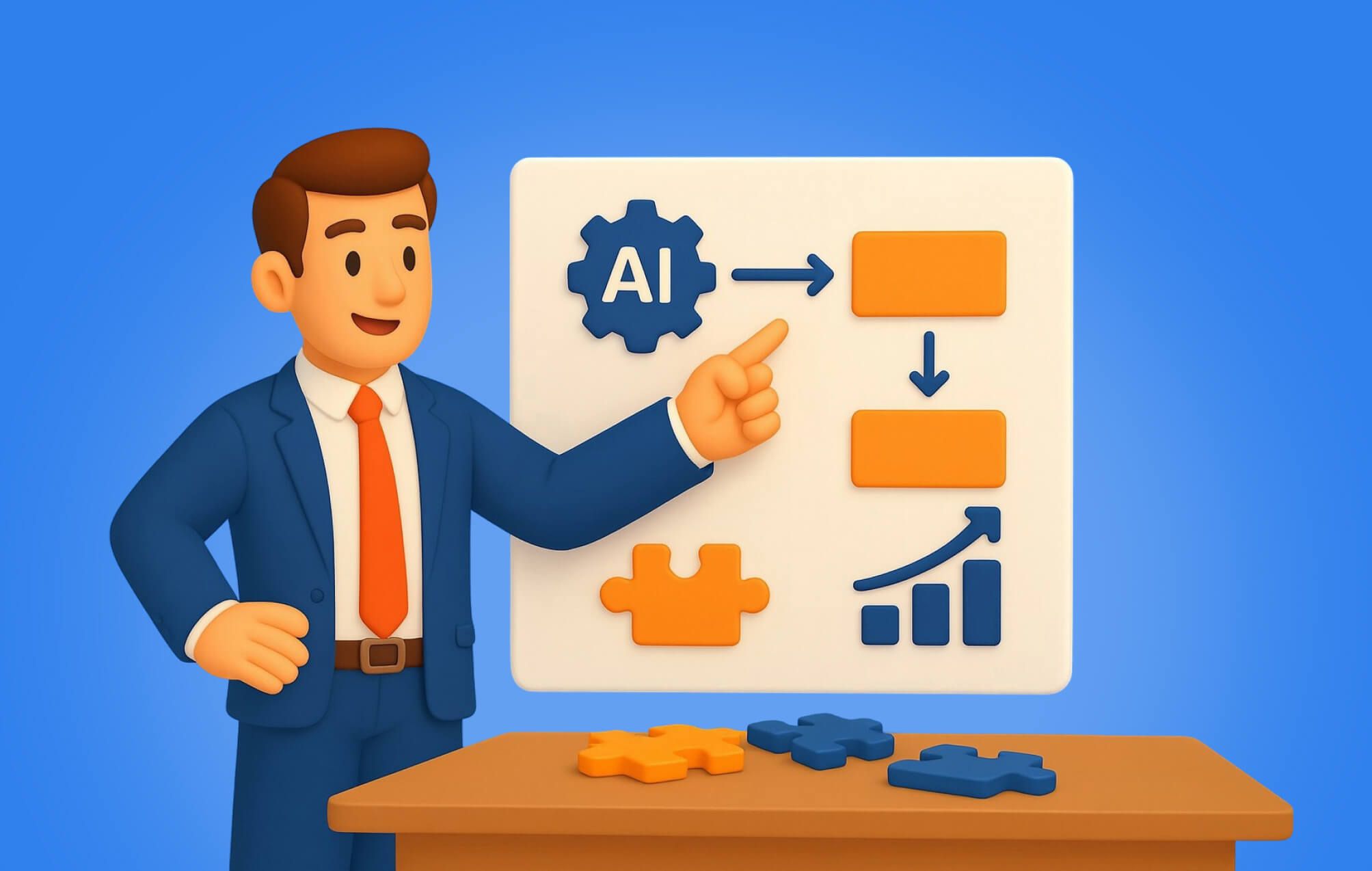 An executive in a suit pointing at a whiteboard that runs an AI gear into two stacked process boxes, a jigsaw piece and a rising bar chart, with loose puzzle pieces on the desk in front of him