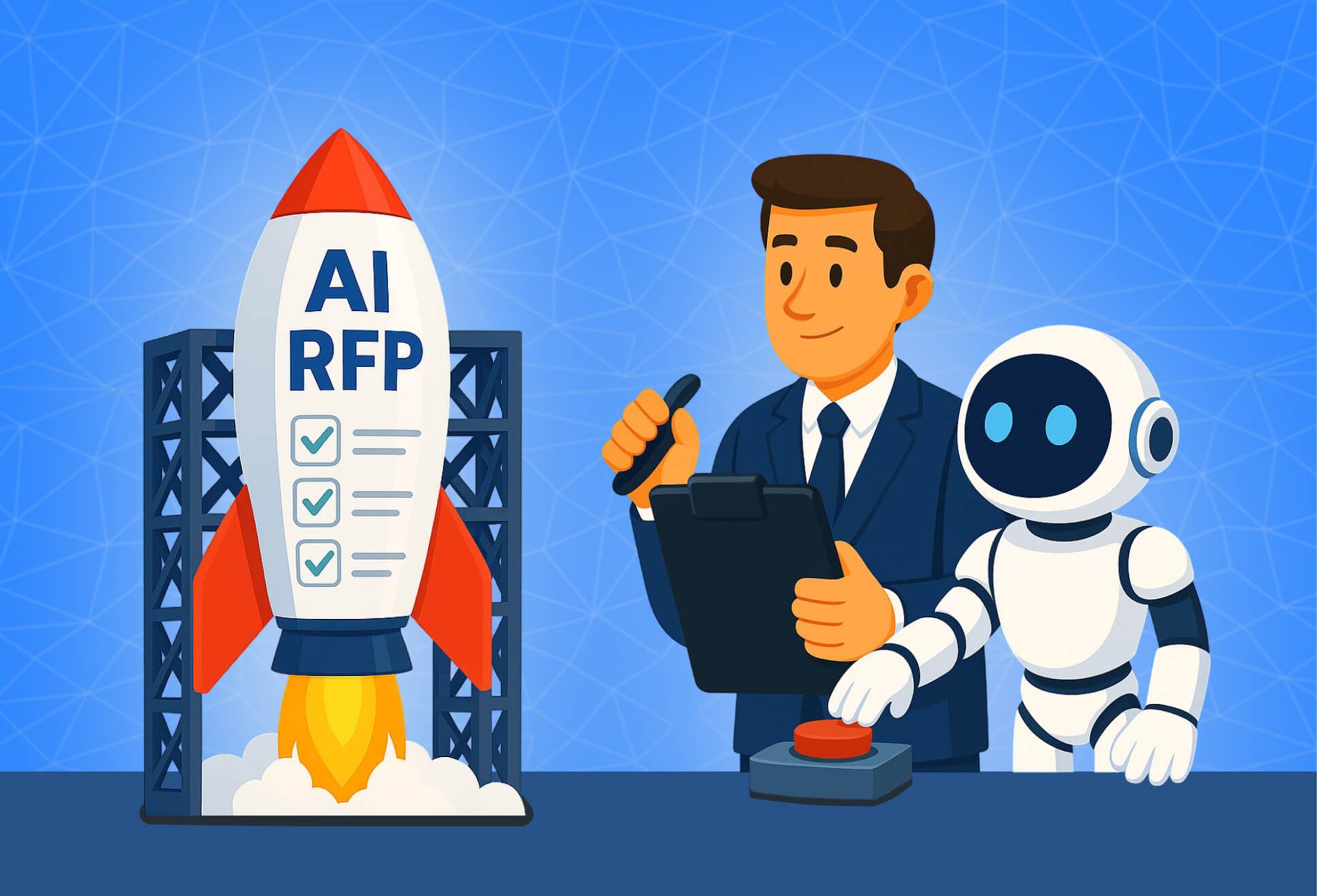 Illustration of a rocket labelled "AI RFP" with a three-item checklist on its hull, poised on a launch gantry, beside a businessman holding a clipboard while a white robot presses the red launch button.