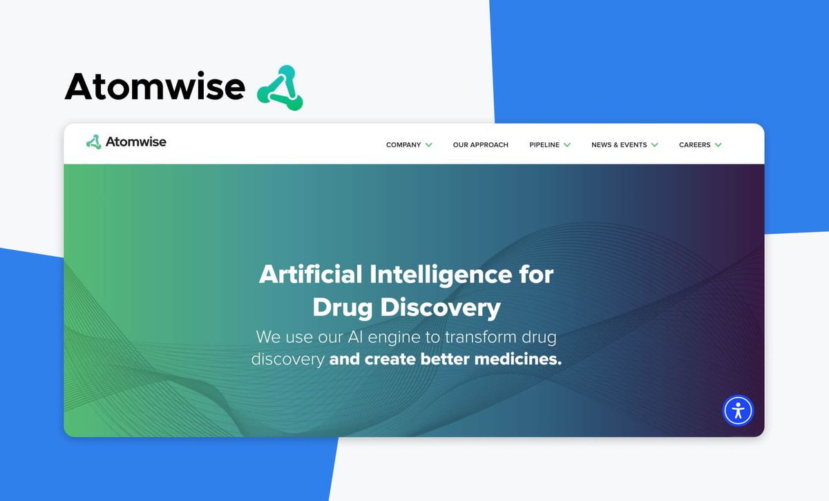 The Atomwise logo above a screenshot of the Atomwise site, headlined 'Artificial Intelligence for Drug Discovery'