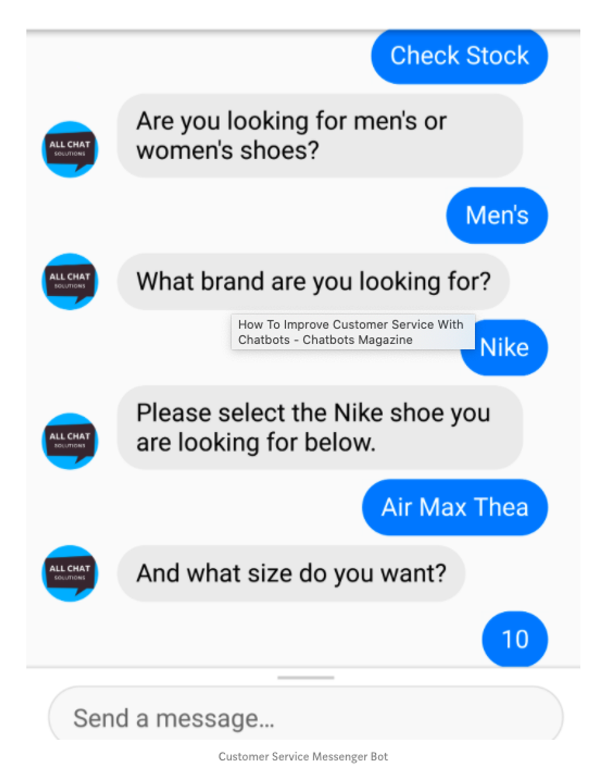 A messenger conversation with a footwear retailer's bot: the customer taps Check Stock, then answers Men's, Nike, Air Max Thea and size 10 as the bot narrows the search one question at a time