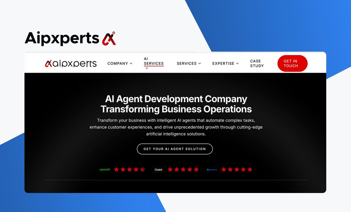 The Aipxperts wordmark above a screenshot of the Aipxperts site, headlined 'AI Agent Development Company Transforming Business Operations', with Upwork, Clutch and GoodFirms star ratings