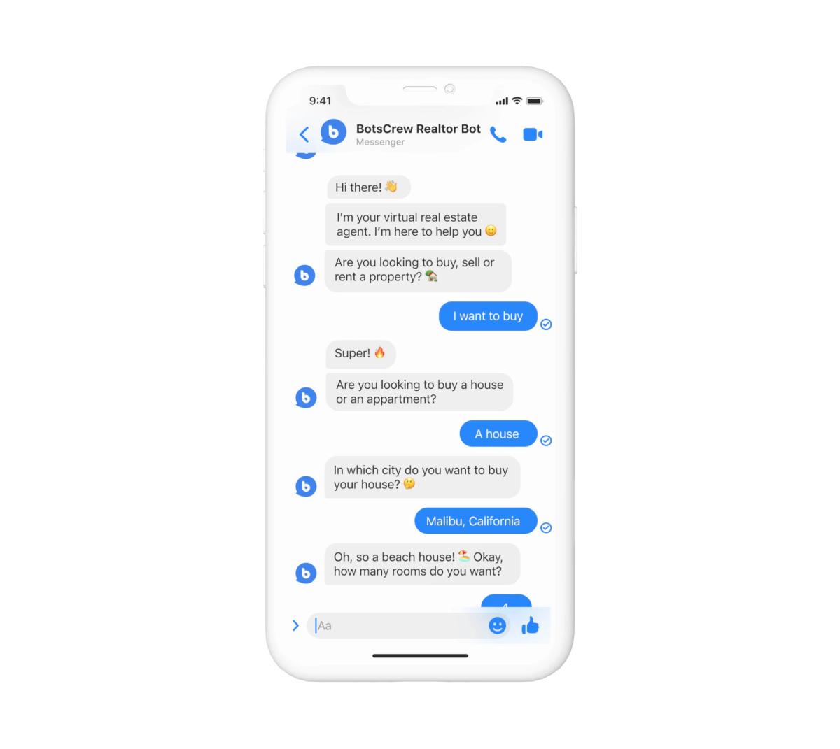 Messenger conversation with the BotsCrew Realtor Bot qualifying a buyer: buy rather than sell or rent, a house rather than an apartment, in Malibu, California, and then how many rooms they want