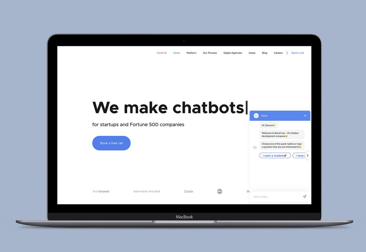 A laptop mockup of the BotsCrew website reading "We make chatbots for startups and Fortune 500 companies" with a "Book a free call" button, and the Botty web chat widget open in the lower right showing the same greeting and quick replies as the Messenger bot