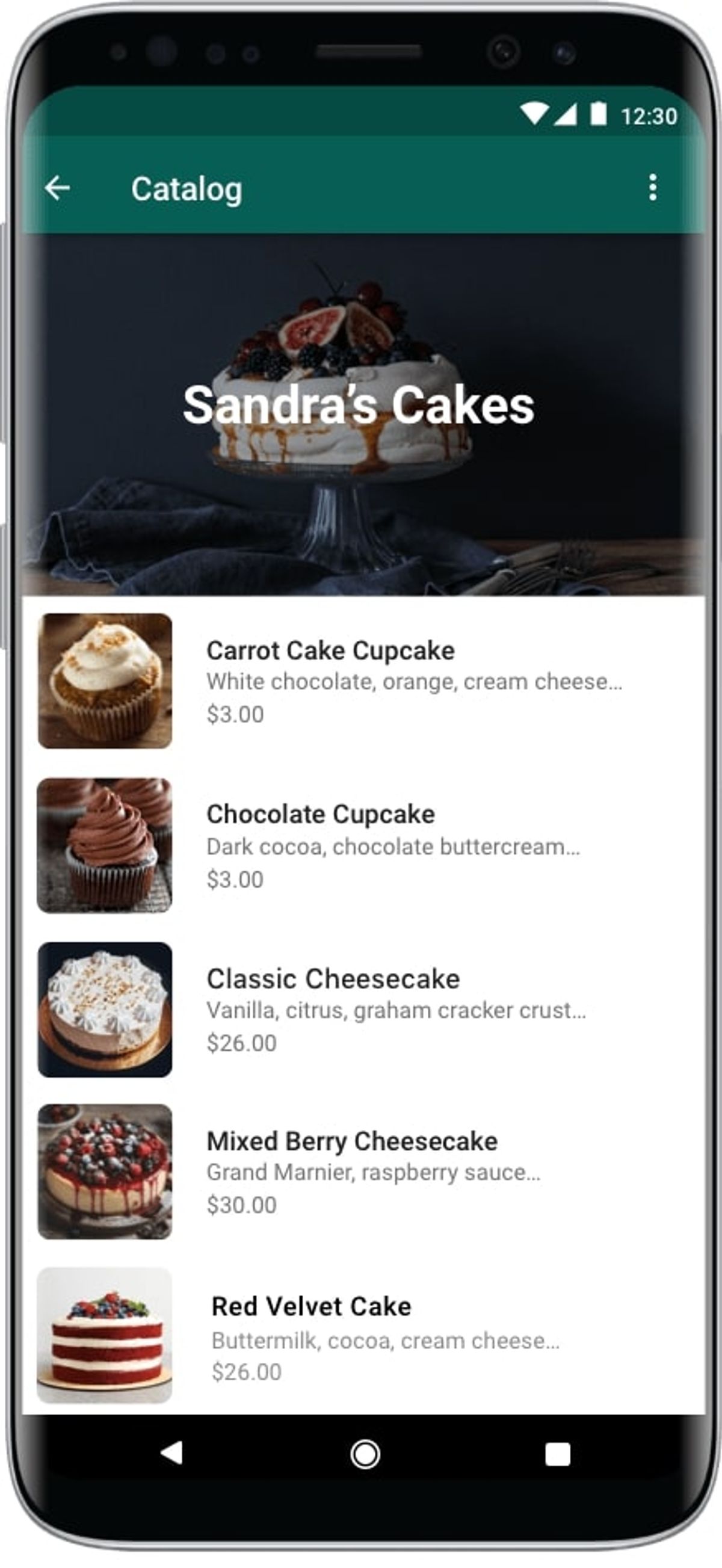 The Sandra's Cakes catalog screen listing Carrot Cake Cupcake $3.00, Chocolate Cupcake $3.00, Classic Cheesecake $26.00, Mixed Berry Cheesecake $30.00 and Red Velvet Cake $26.00, each with a photo and a short description