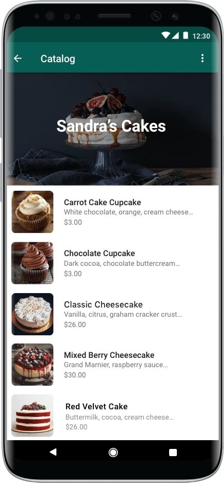 The Sandra's Cakes catalog screen listing Carrot Cake Cupcake $3.00, Chocolate Cupcake $3.00, Classic Cheesecake $26.00, Mixed Berry Cheesecake $30.00 and Red Velvet Cake $26.00, each with a photo and a short description