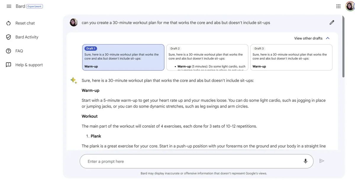 Google Bard drafting a workout plan, with alternative drafts shown above the answer