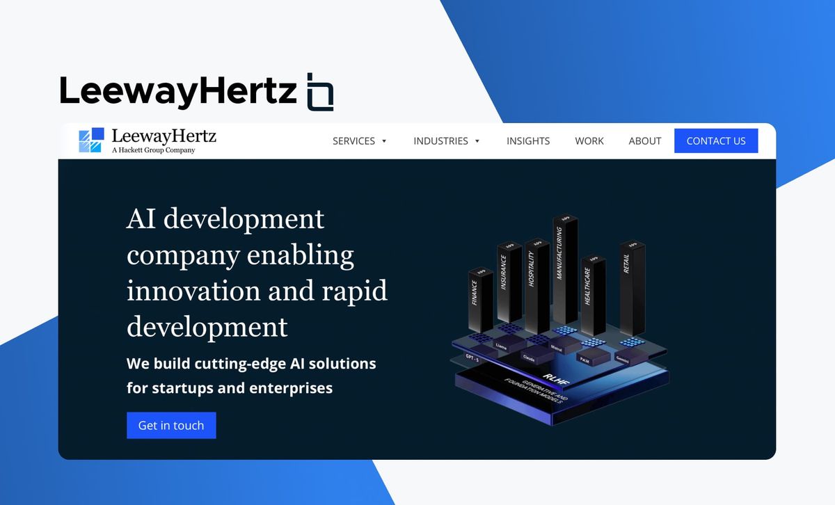 The LeewayHertz wordmark above a screenshot of the LeewayHertz home page, headlined 'AI development company enabling innovation and rapid development' beside a 3D bar-chart illustration