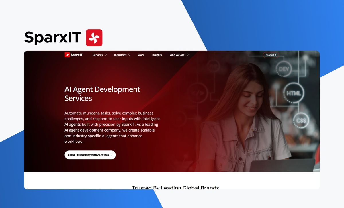 The SparxIT wordmark above a screenshot of the SparxIT AI Agent Development Services page, showing a woman at a laptop beside copy about scalable, industry-specific AI agents