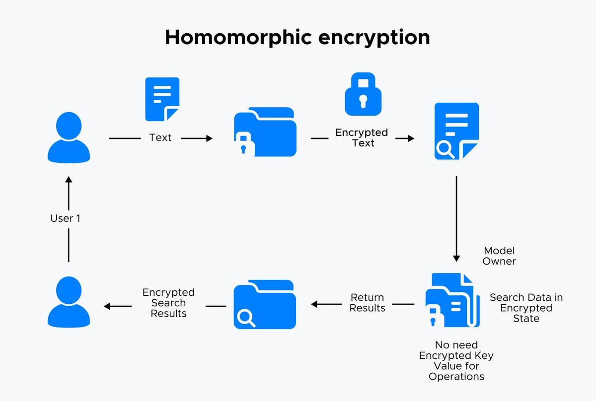 Diagram of homomorphic encryption: a user's text is encrypted, searched by the model owner in its encrypted state, and returned as encrypted results without ever being decrypted