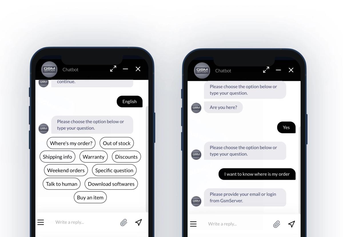 Two phone mockups of the GsmServer support chatbot, showing a quick-reply menu and an order-status conversation