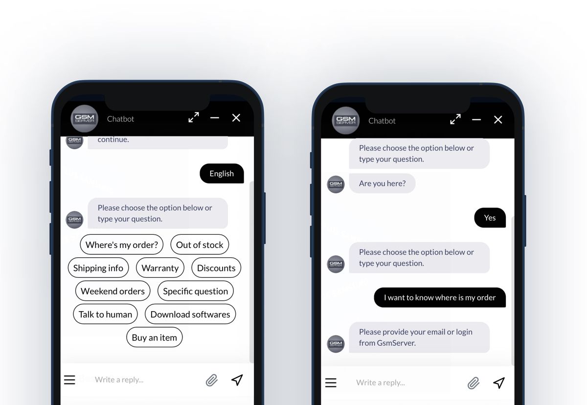 Two phone mockups of the GsmServer support chatbot, showing a quick-reply menu and an order-status conversation