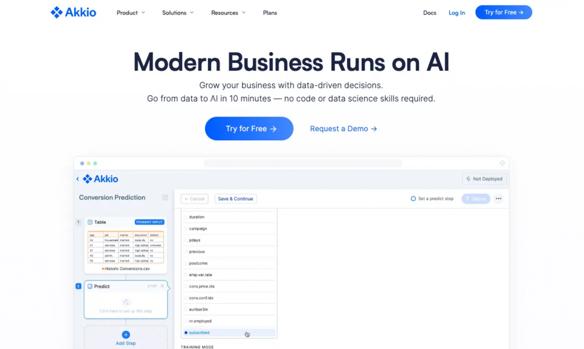 Screenshot of the Akkio home page: the headline "Modern Business Runs on AI" over Try for Free and Request a Demo buttons, above a product shot of a Conversion Prediction flow with a table input and a predict step.