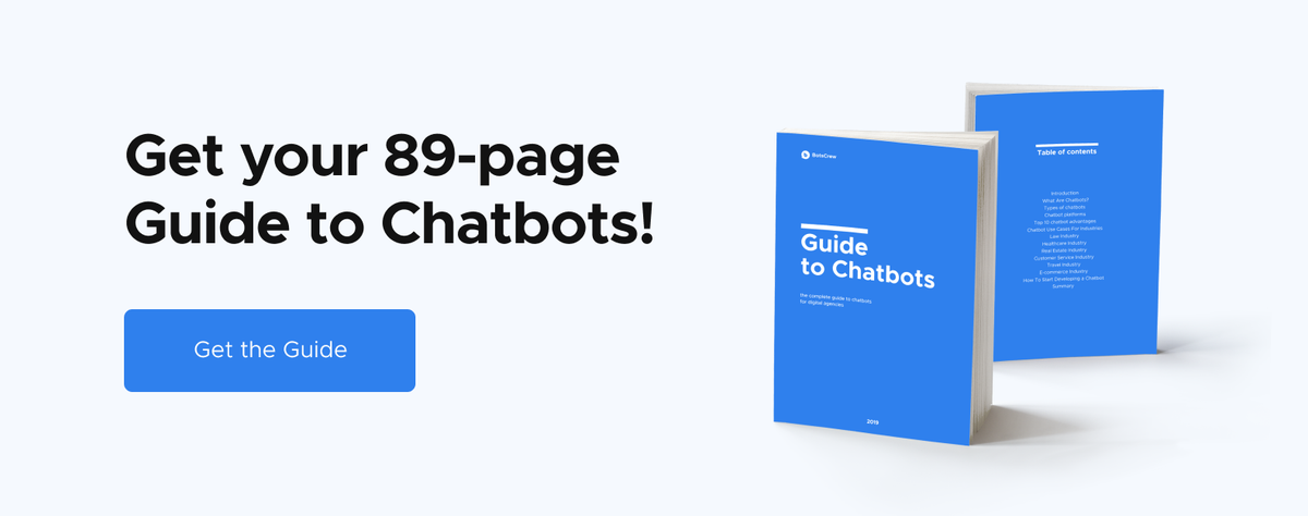 Banner reading "Get the fullest guide to chatbots" beside a cover mockup of the BotsCrew chatbot guide, with a button to download it