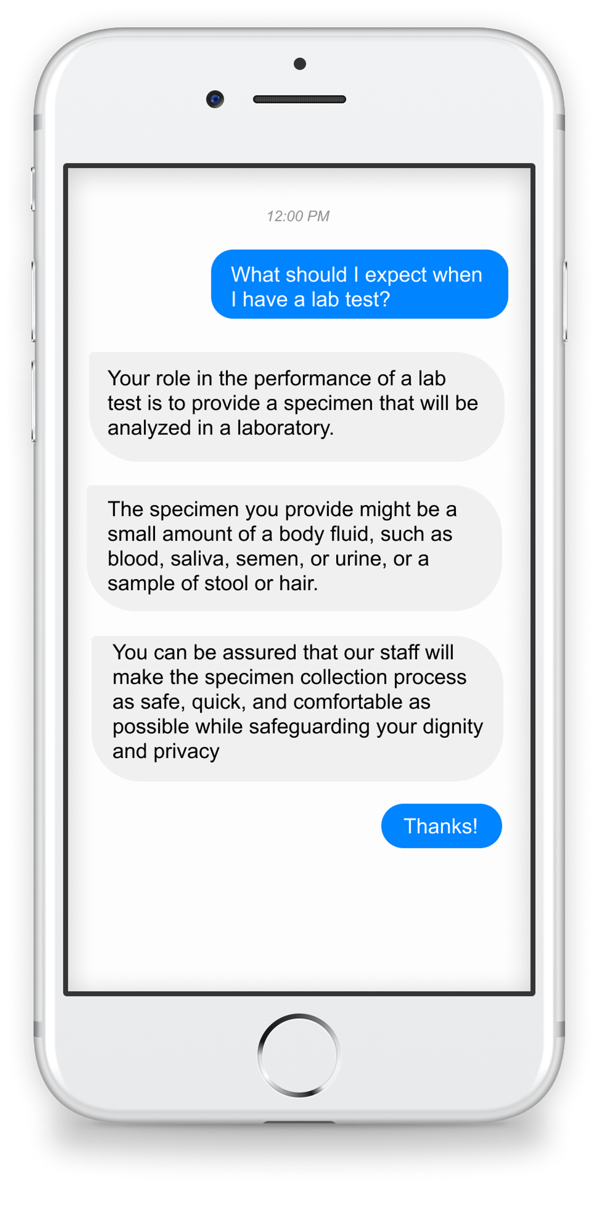 A phone chat in which a patient asks “What should I expect when I have a lab test?” and the chatbot answers: “Your role in the performance of a lab test is to provide a specimen that will be analyzed in a laboratory.”, “The specimen you provide might be a small amount of a body fluid, such as blood, saliva, semen, or urine, or a sample of stool or hair.”, and “You can be assured that our staff will make the specimen collection process as safe, quick, and comfortable as possible while safeguarding your dignity and privacy”