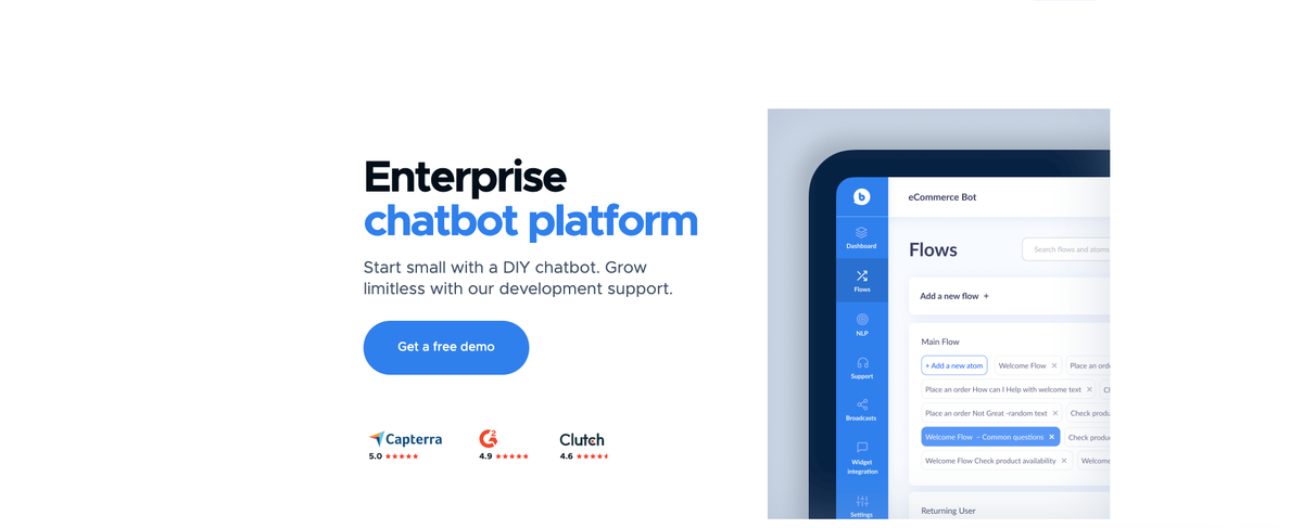 The BotsCrew platform homepage: an “Enterprise chatbot platform” headline beside a phone mockup of the flow builder, with Capterra, G2 and Clutch badges underneath.